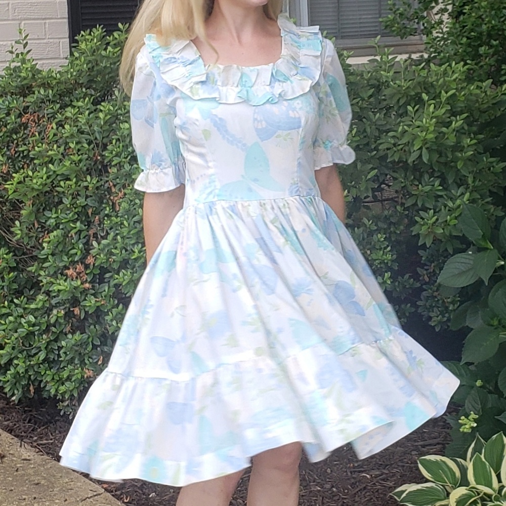 Vintage Charm - Handmade Pastel Floral Butterfly Fit & Flare Dress